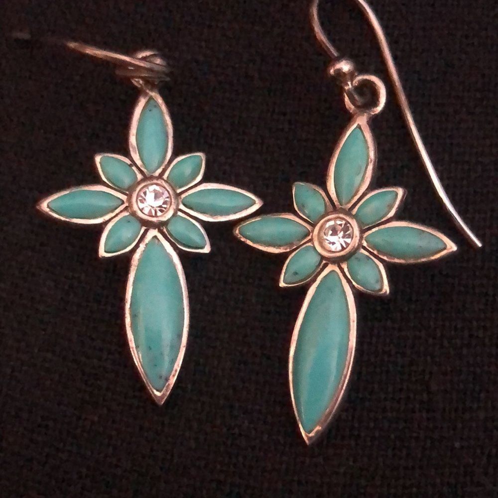 BARSE Turquoise Sterling Silver Elongated Floral Drop Dangle Earrings Vintage